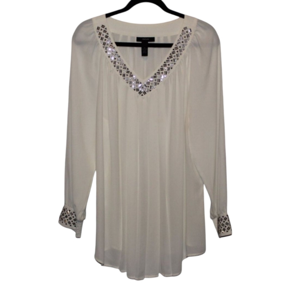 Alfani Embellished Pleated V-neck Long Sleeve Flowy Tunic, Off White, 16